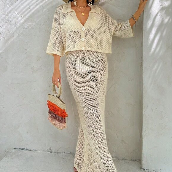 Beige Women's Shirt Blouse And Skirt Two Piece Outfit Cover Up Set - Picture 5 of 5